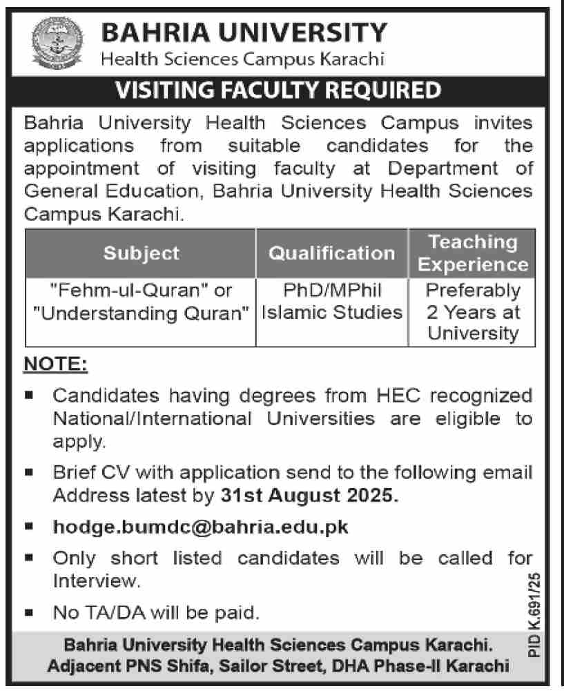 Jobs in Bahria University Karachi